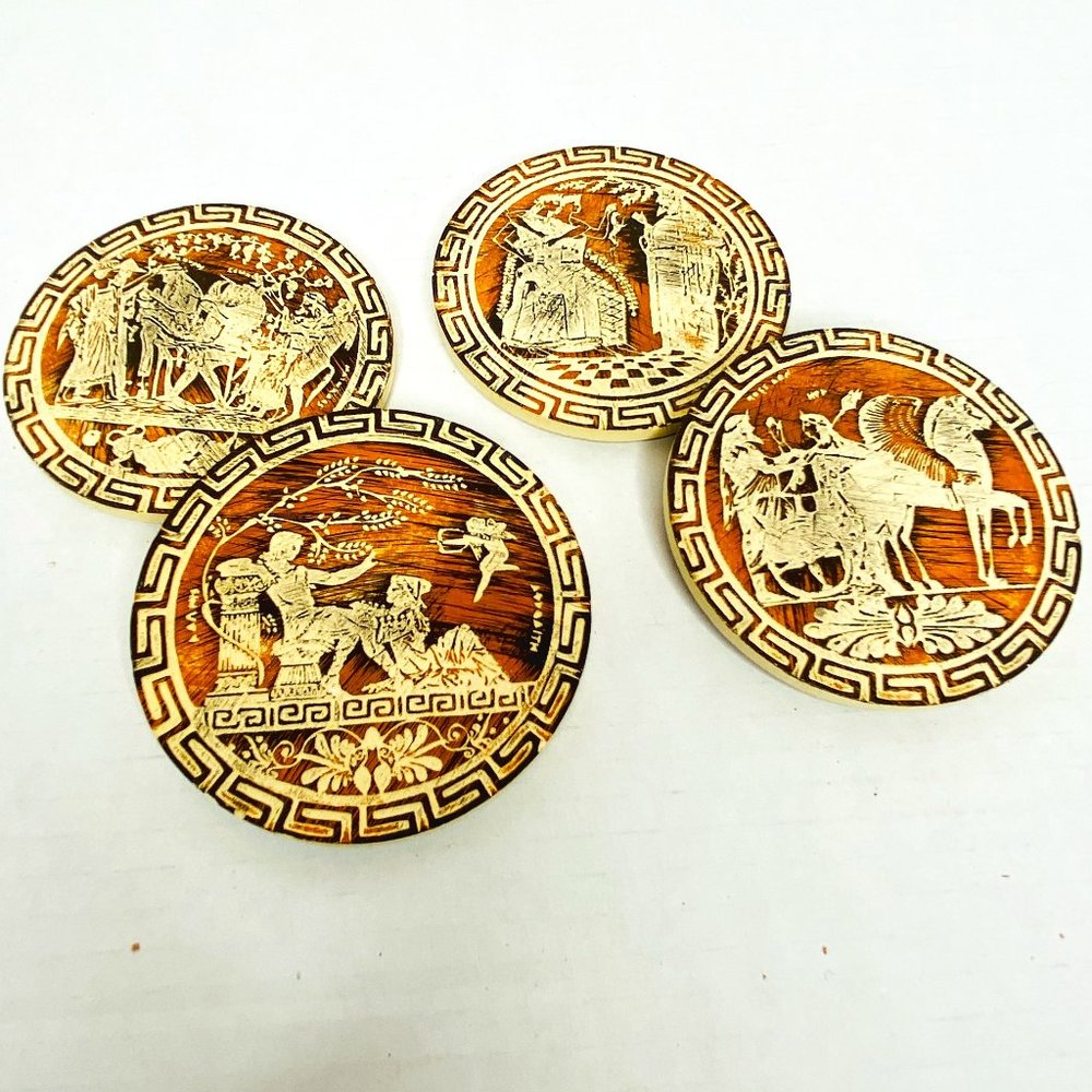 Set of 4 Vintage Carved Wood Greek Themed Coasters Cork Back